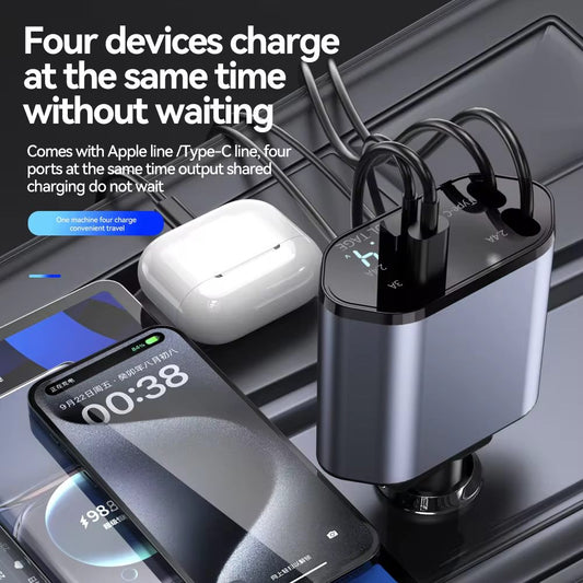 Car Charger Supports 120W Super Fast Charging Flash Charging Retractable Cable Four-in-one Cigarette Lighter - Move to future